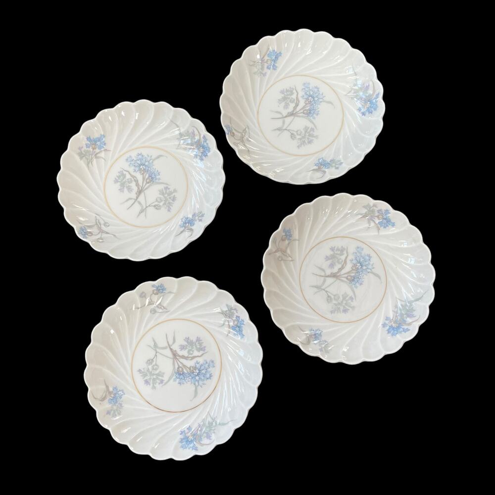 Haviland Limoges Bergere Berry Bowl Set 4 Dessert Dish Blue Flowers Gold Verge